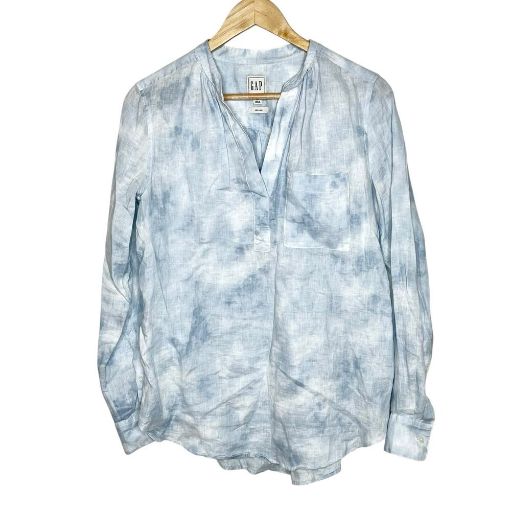 Gap Linen Tie Dye Shirt Blue Womens XS Watercolor Pastel Coastal Beach